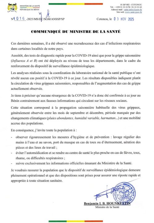 Communiqué du ministère de la Santé