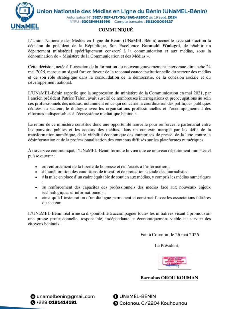 UNaMEL-Bénin salue le retour du ministère de la Communication au Bénin 