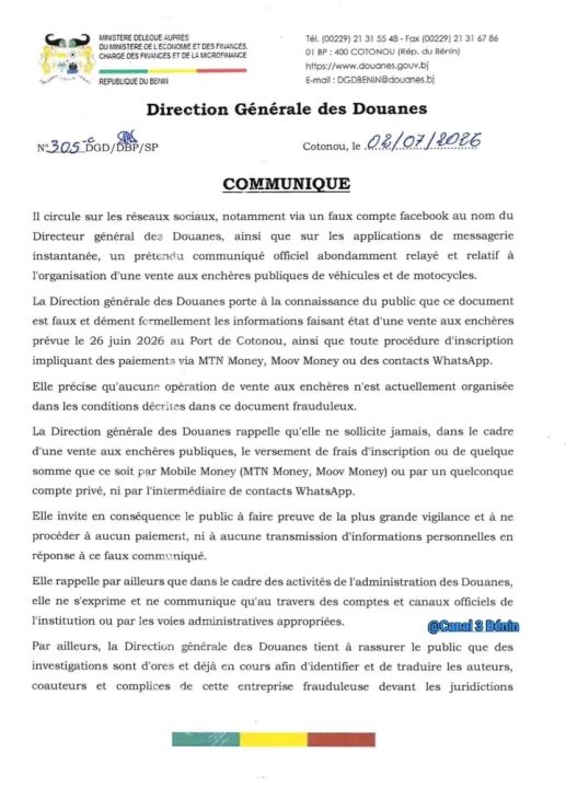 COMMUNIQUÉ DOUANE 